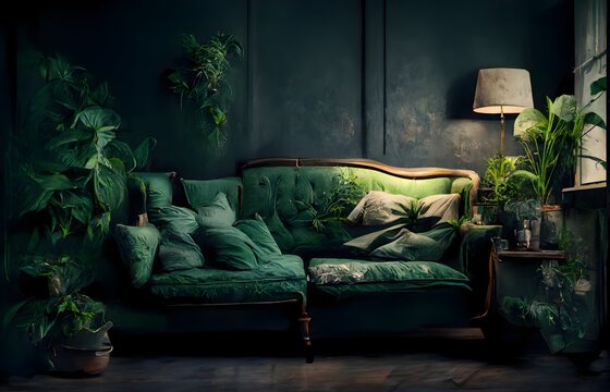 an old cost vintage room where you see a big pale wall where the paint is starting to fall off in the center of the room there is an old green sofa with lots of pillows plants are hanging down from 
