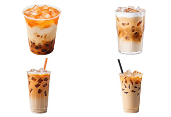 Set of bubble milk tea in cup with black tapioca, ice and creamy foam isolated on transparent png background, Dessert drinks and beverages time concept.