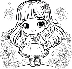 Cute little girl in flower garden. Vector illustration for coloring book.