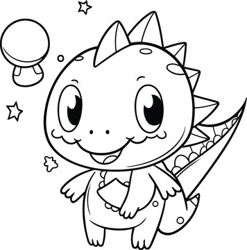 Coloring Page Outline Of cute dinosaur with magic wand. Vector illustration.