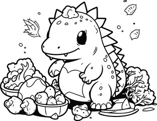 Cute cartoon dinosaur with eggs. Vector illustration for coloring book.