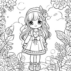 Cute little girl in a flower garden. Vector coloring page.