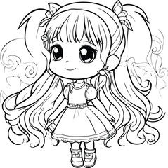 Cute little girl in a dress. Vector illustration for coloring book.