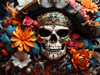 beautiful pirate skull with flowers and attractive light and details 