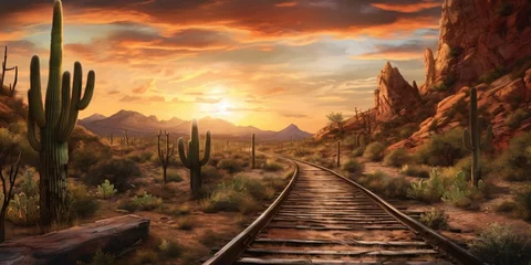Schilderijen op glas Rusty Railroad Track on Western Desert. Abandoned Train Track © Resdika