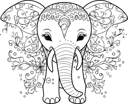 Coloring Pages For Adults And Children. Coloring Page With Cute Elephant