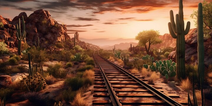 Rusty Railroad Track on Western Desert. Abandoned Train Track