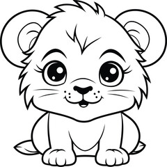 Black and White Cartoon Illustration of Cute Little Lion Animal Character Coloring Book