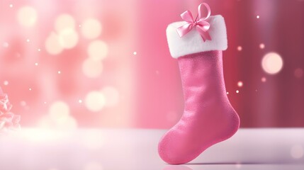 Isolated pink Christmas Stocking in front of a festive Background. Cheerful Template with Copy Space