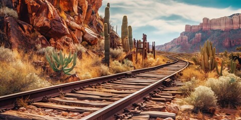 Naklejka premium Rusty Railroad Track on Western Desert. Abandoned Train Track