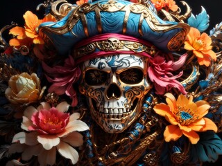 beautiful pirate skull with flowers and attractive light and details 