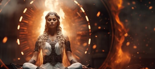 Beautiful Viking Valkyrie Woman meditating before Battle - A God Aura that surrounds her - The Calm Before the Storm of Battle - Sensual Norse Goddess Background created with Generative AI Technology