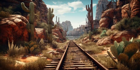 Rusty Railroad Track on Western Desert. Abandoned Train Track - obrazy, fototapety, plakaty
