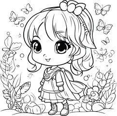 Cute little girl with butterfly. Vector illustration for coloring book.