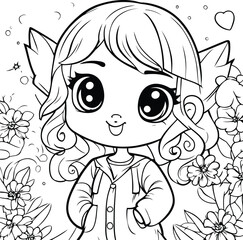 Coloring book for children. girl with flowers. Vector illustration.