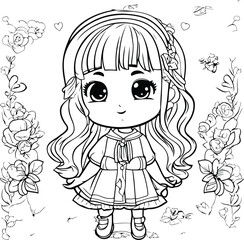 Cute little girl with flowers. Vector illustration for coloring book.