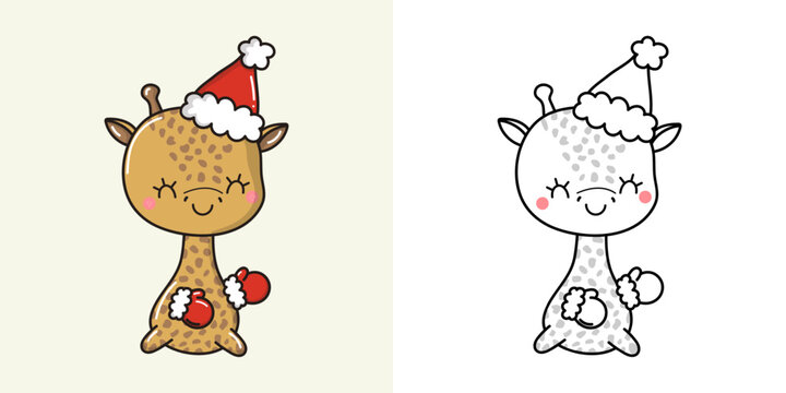 Cute Christmas Giraffe Illustration and For Coloring Page. Cartoon Stickers New Year African Animal