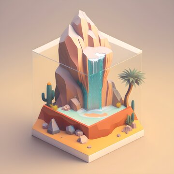 Cute isometric desert room waterfall cutaway box in glass made with blender 