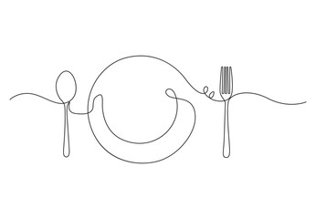 One line drawing of fork, knife and plate. Continuous one line drawing cutlery, cooking utensils. Hand drawn dishware for restaurant logo or menu cover in linear style art concept vector illustration. - obrazy, fototapety, plakaty