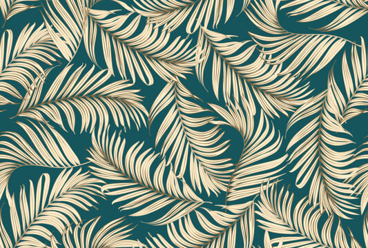 Luxury gold and green nature vector background. Floral pattern. Palm tree with golden split leaves with line art tropical plants, vector illustration.