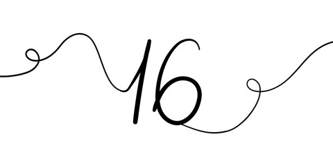 Number 16 line art drawing on white background. 16th birthday continuous drawing contour. Minimal vector illustration