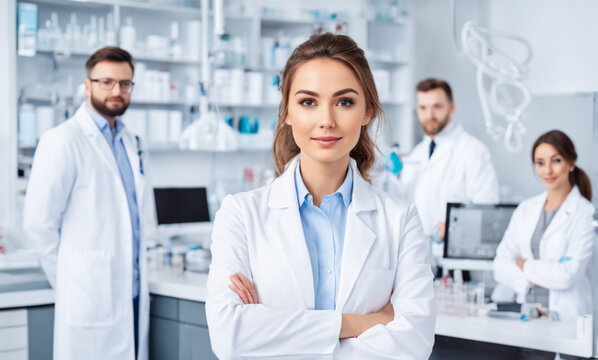 a young girl in a white coat stands against the background of a laboratory with her fellow scientists. the background is blurred. The concept of a scientific medical or chemical laboratory