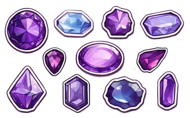 a set of blue and purple hand-drawn cartoon gems isolated on a transparent background
