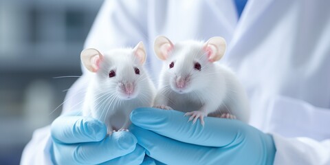 Laboratory mice in the hand of a scientist in a white coat close-up , concept of Animal testing - obrazy, fototapety, plakaty