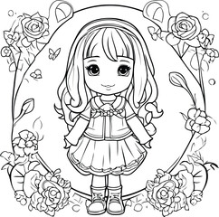 Cute little girl with flowers. Coloring book for adults.