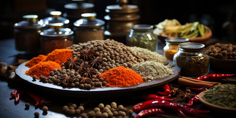 Spices banner with different curry powders on big wooden tray on rustic table 