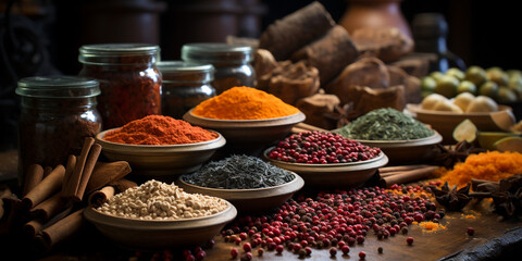 Spices banner with different curry powders in dishes and bottles near the bowls - obrazy, fototapety, plakaty