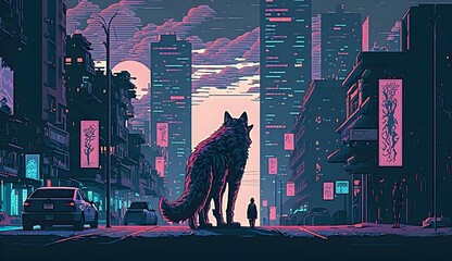 lofi wolf in futuristic tokyo detailed pixels 
