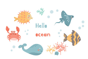 childish underwater animals and hello ocean quote