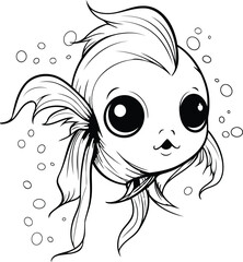 Cute cartoon goldfish. Black and white vector illustration for coloring book.