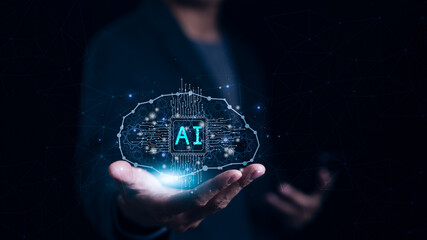Ai, Artificial intelligence technology concept. Hand touching brain of AI on a virtual interface....