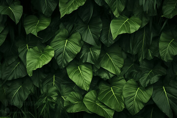 Background of moist dark green plants leaves in many shades under sunshine, Generative AI.