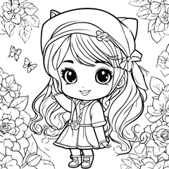 Cute little girl with flowers. Vector illustration for coloring book.