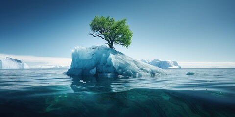 Green tree grows on an iceberg in the ocean , concept of Environmental balance