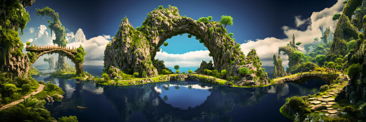 Dreamy digital artwork of surreal floating islands connected by an improbable bridge. - obrazy, fototapety, plakaty