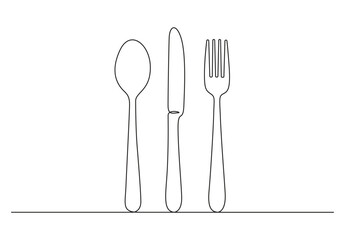 Continuous one line drawing of spoons, forks, knife, eating utensils. Cooking utensils line art style for logos, business cards, banners. Vector illustration. Pro vector.