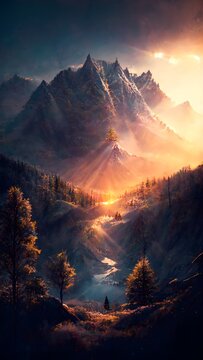 background of mountains sunrise beaming light rays of sunlight beautiful scene trees on mountains highly detailed photography photorealistic cinematic 
