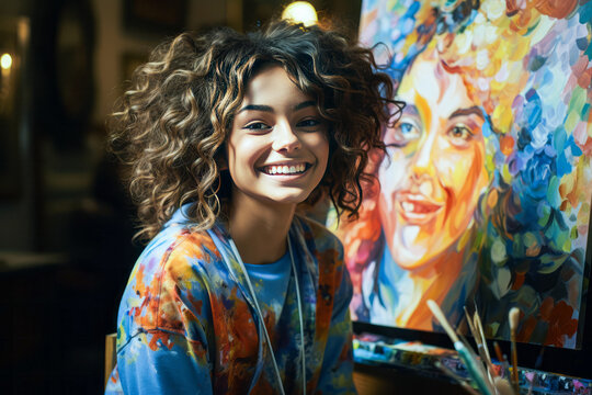 Empowering teenage girl embracing body positivity through creative self-portrait painting.