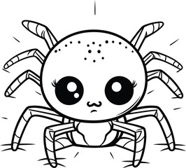 cute spider kawaii cartoon vector illustration graphic design in black and white
