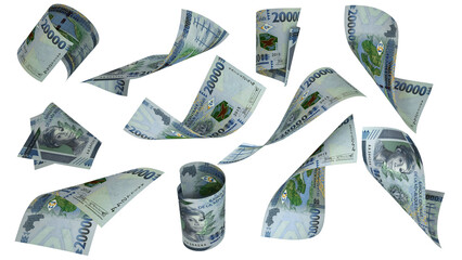 3D rendering of Guinean Franc notes flying in different angles and orientations isolated on transparent background - obrazy, fototapety, plakaty