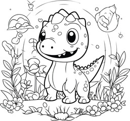 Cute cartoon dinosaur in the garden. Vector illustration for coloring book.