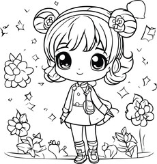 Cute little girl with flowers. Coloring page for children.