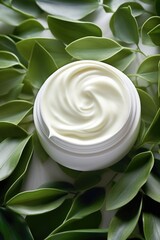 Obraz na płótnie Canvas Concept of natural cosmetics. Jar of moisturizing white cream among fresh green foliage. Top view.