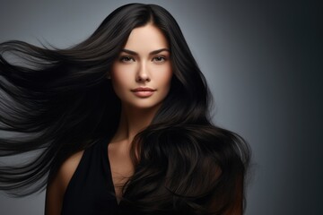 Fototapeta premium Portrait of cute brunette with gorgeous long hair on gray background.