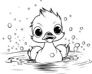 Cute baby duckling swimming in the water. Vector illustration.