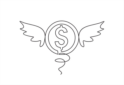 continuous line drawing of dollar coin with wings. Flying money. Economy, finance, money pictogram. Wealth symbol. Vector illustration. Free, easy. Spend, expenses
